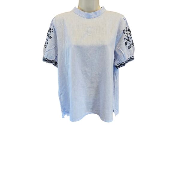 LOFT Tops - Loft sz M lightweight chambray puff sleeve boho embroidered cottagecore blouse